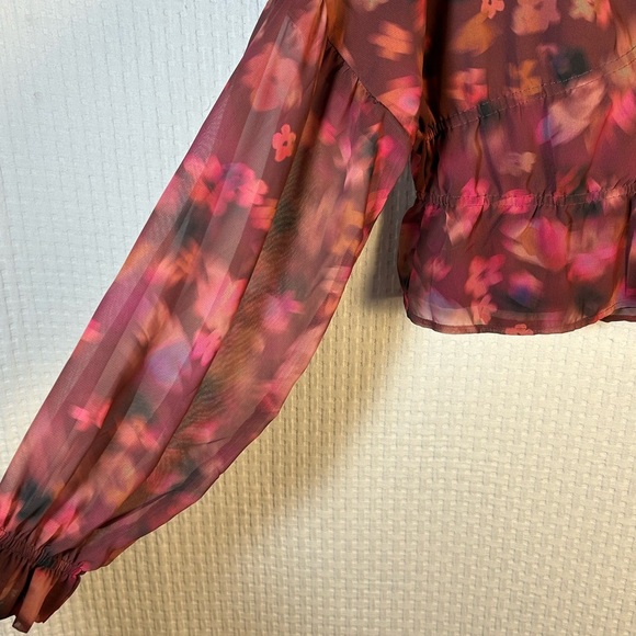 NEW Steve Madden Top L Hollis Pink Multicolor Muted Peplum Bishop Sleeves Button - Picture 8 of 11